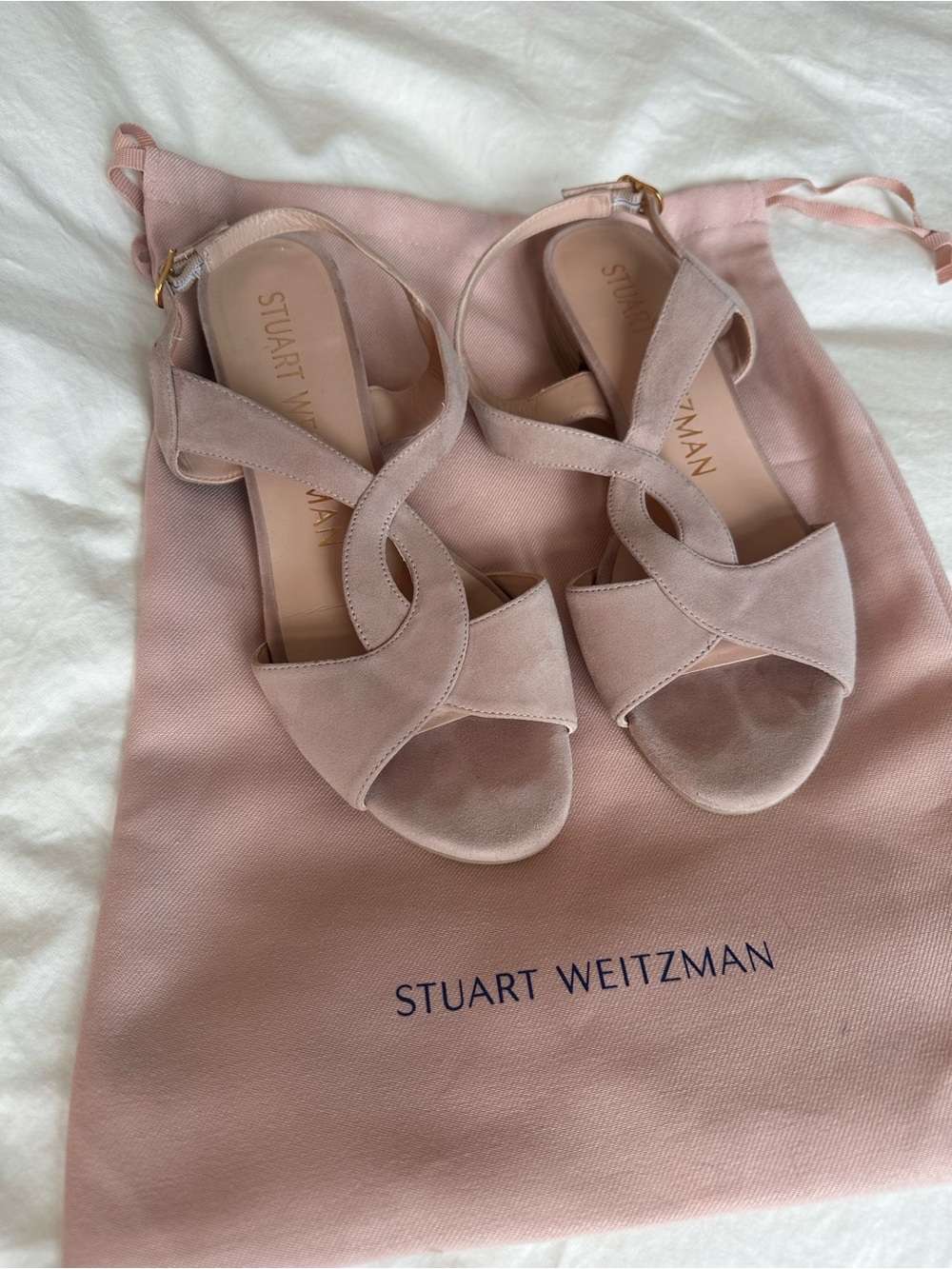 Stuart Weitzman Blush Suede Crisscross Ankle-Strap Sandals